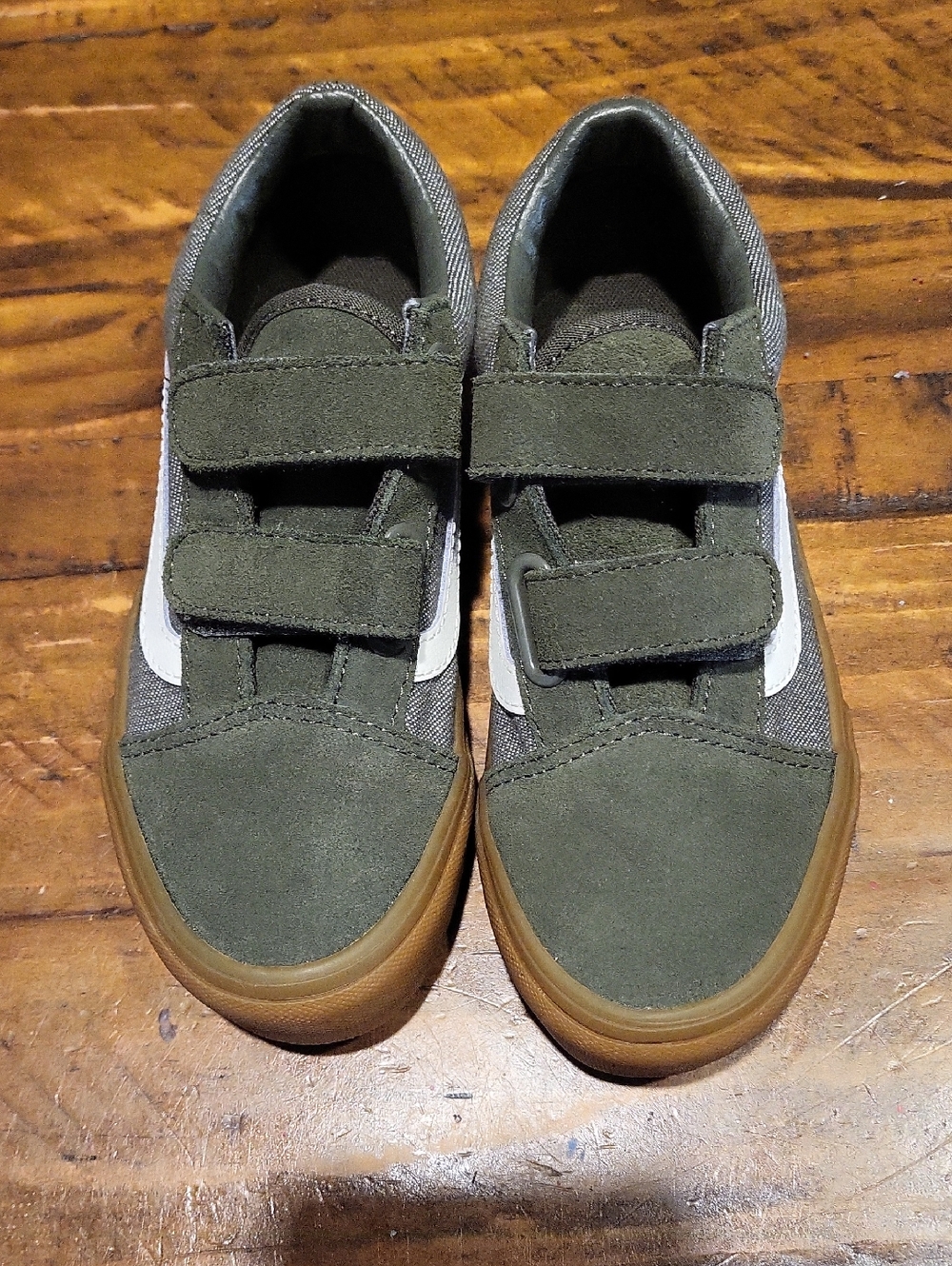 NWOT Vans Kids Olive Green & White Velcro Sneakers with Gum Sole